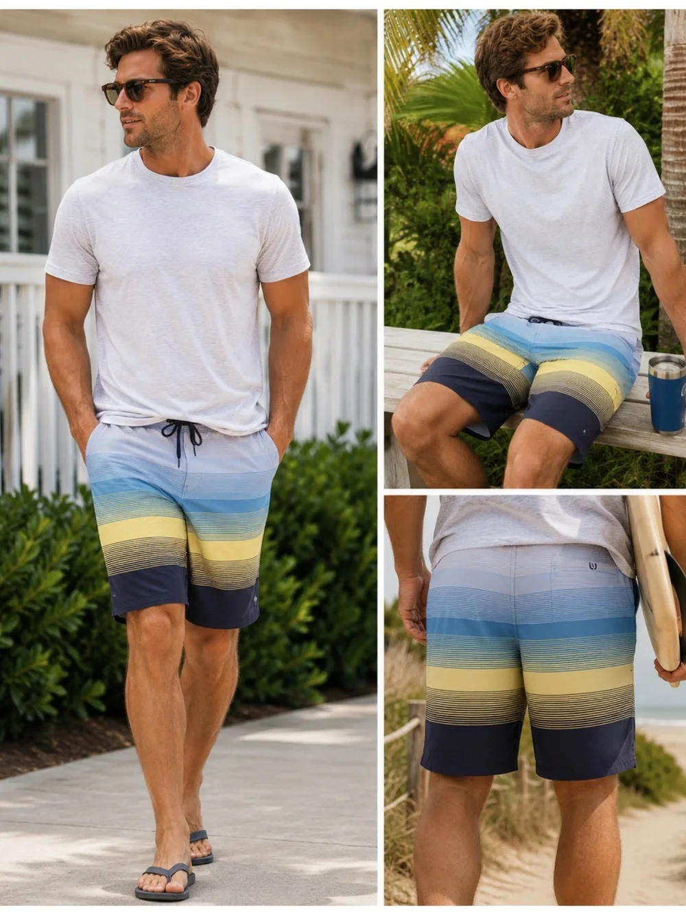 NWT | Travis Mathew | Seegrid Swim Board Shorts | Size 36 | Blue & Yellow Stripe